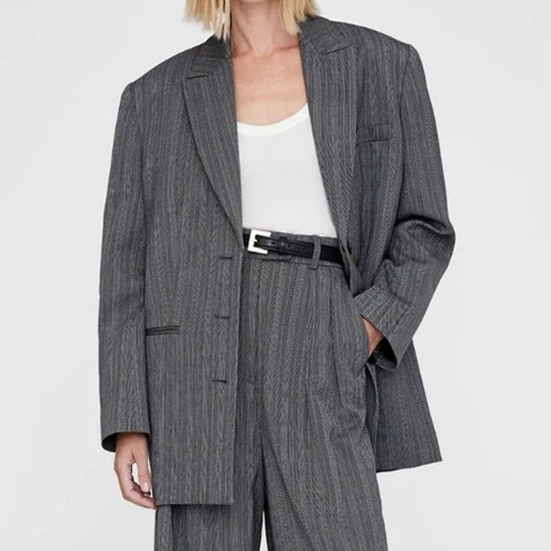 Anine Bing Gray Pinstriped Oversized Blazer